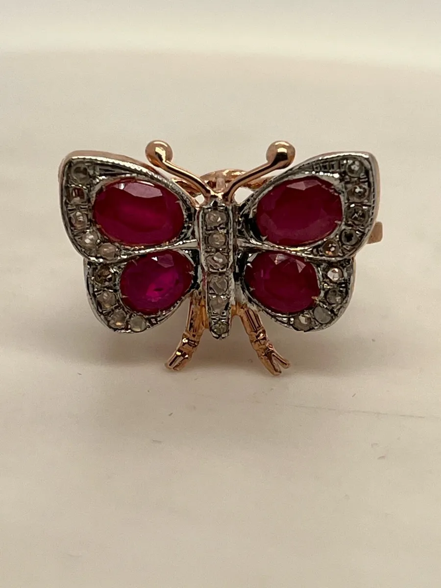 9k rose gold butterfly ring with rubies & diamonds - Image 1