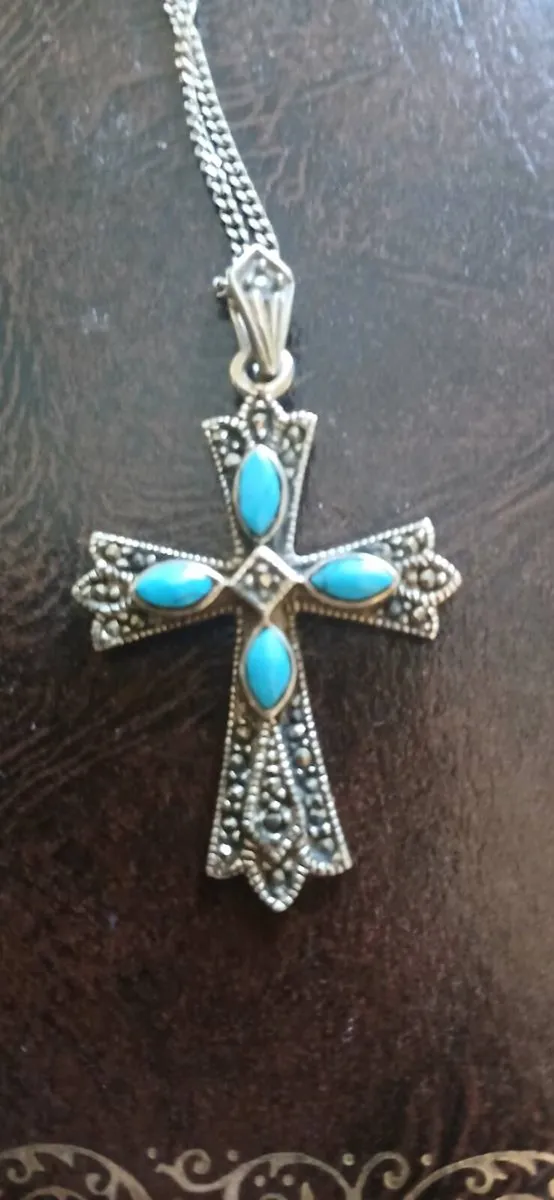Sterling Silver Turquoise And Marcasite Cross - Image 1