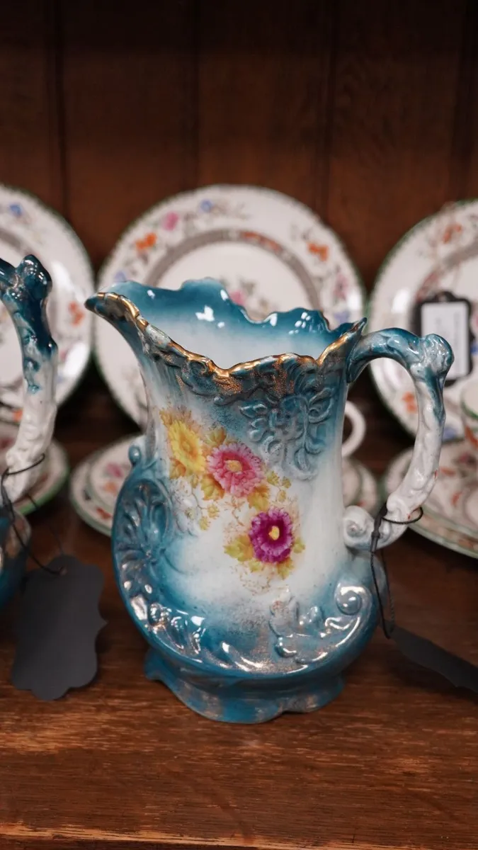 Victorian Turquoise Floral Ceramic Jugs - Image 4