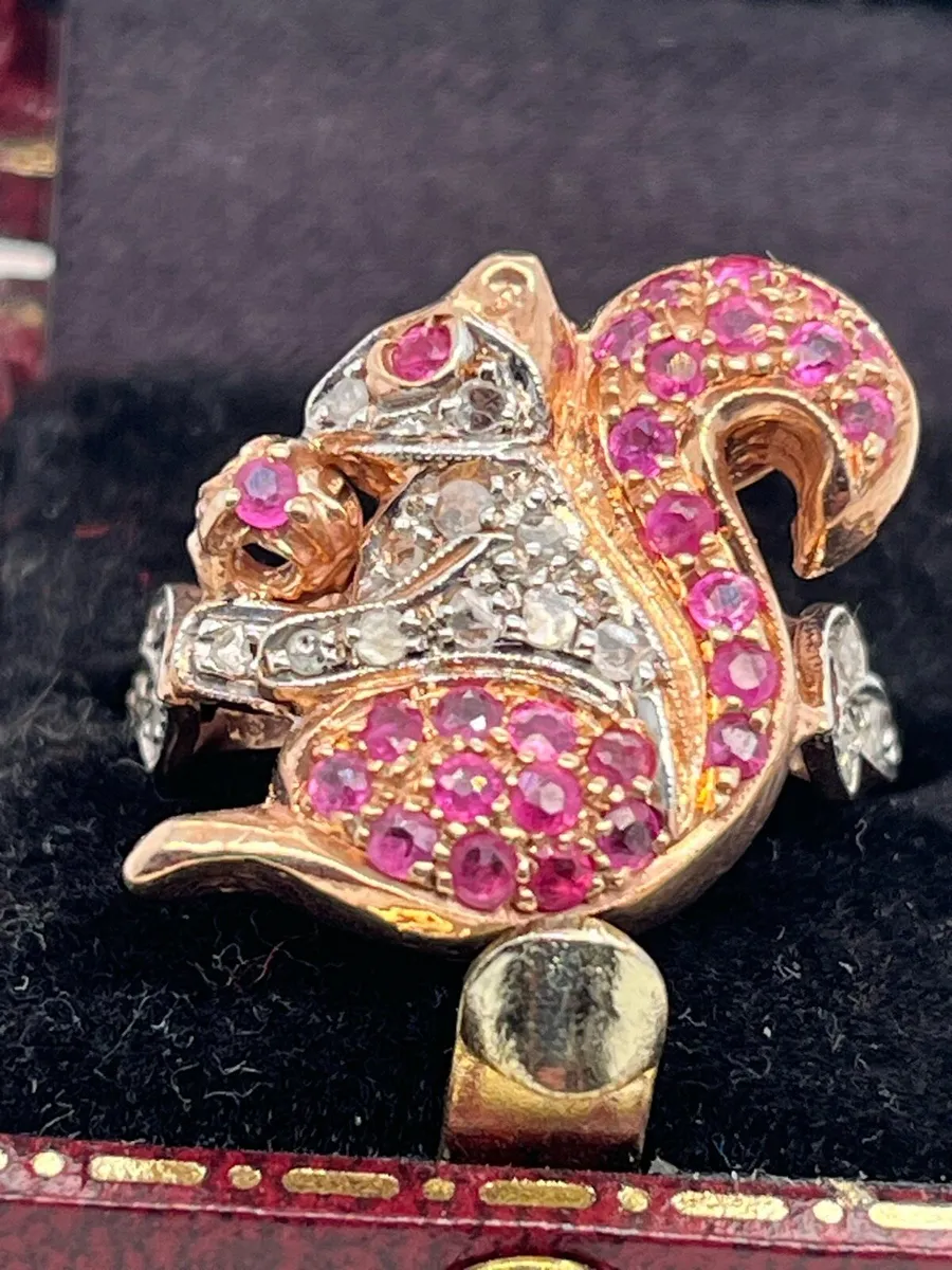 9k rose gold squirrel ring with diamonds and ruby - Image 1