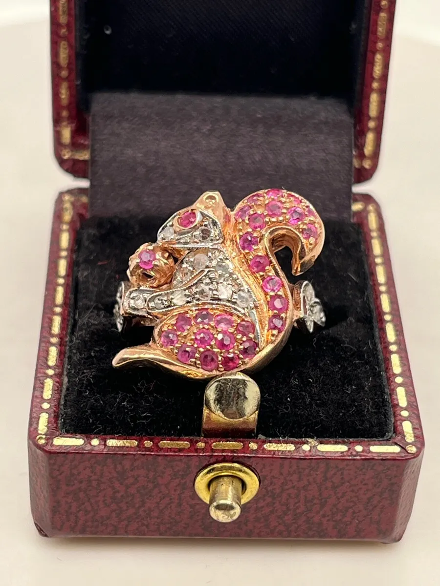 9k rose gold squirrel ring with diamonds and ruby - Image 2
