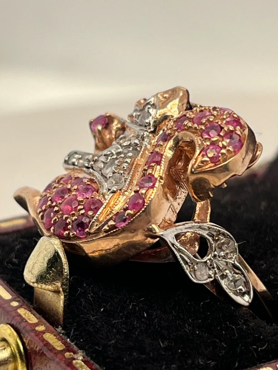 9k rose gold squirrel ring with diamonds and ruby - Image 4