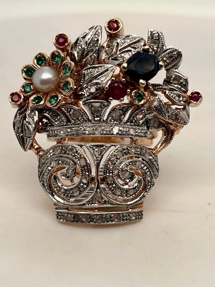 9k gold Jardiniere ring with sapphire & diamonds - Image 1