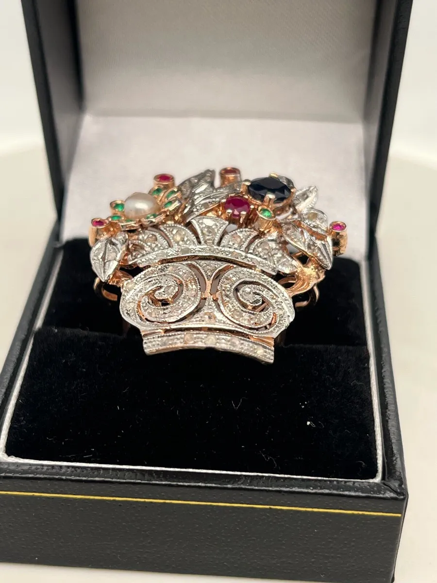 9k gold Jardiniere ring with sapphire & diamonds - Image 3