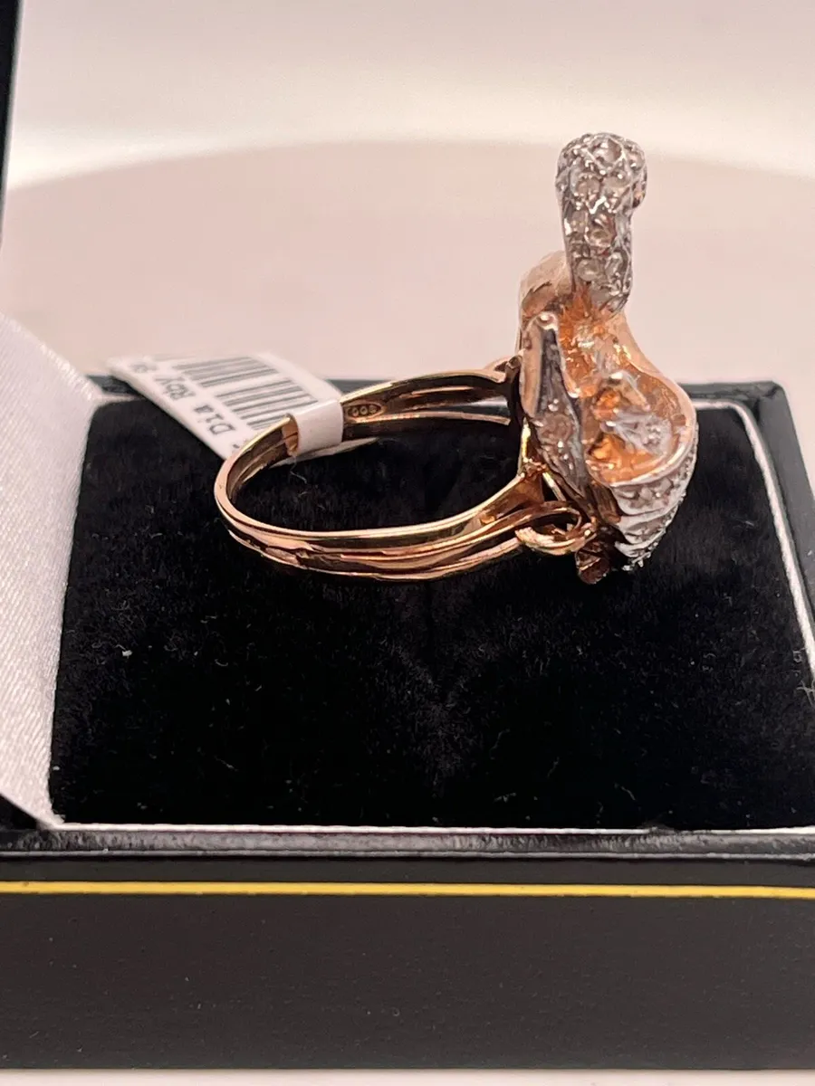 9k rose gold Swan ring with rubies & diamonds - Image 3