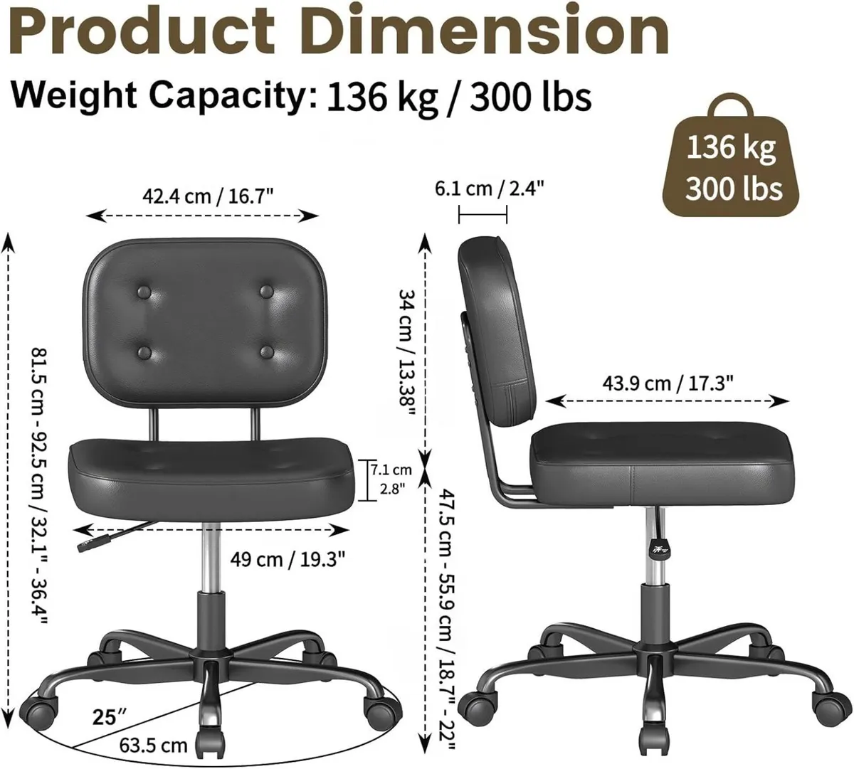 Armless Desk Chair for Home Office Compact Swivel - Image 2