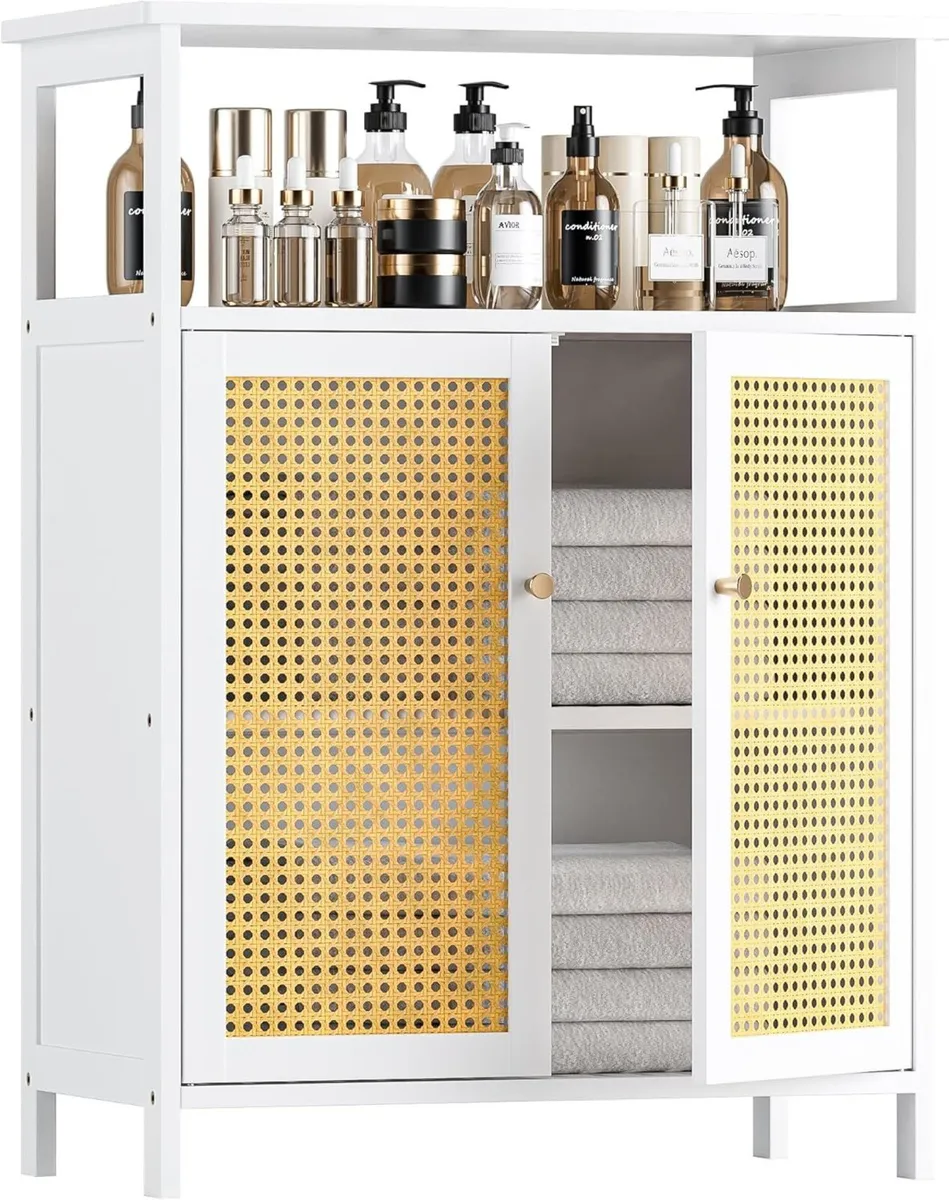 Bamboo Cabinet Bathroom Storage with Rattan Doors - Image 1