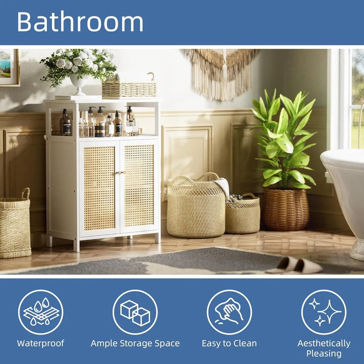 Bamboo Cabinet Bathroom Storage with Rattan Doors - Image 4