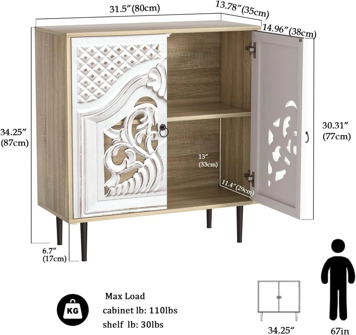 Sideboard Kitchen with 2 Doors Carved Cabinet - Image 3