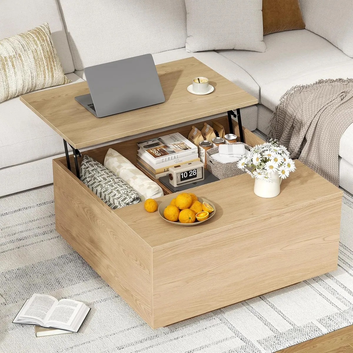 Lift Top Coffee Table Wood Square with Storage - Image 3