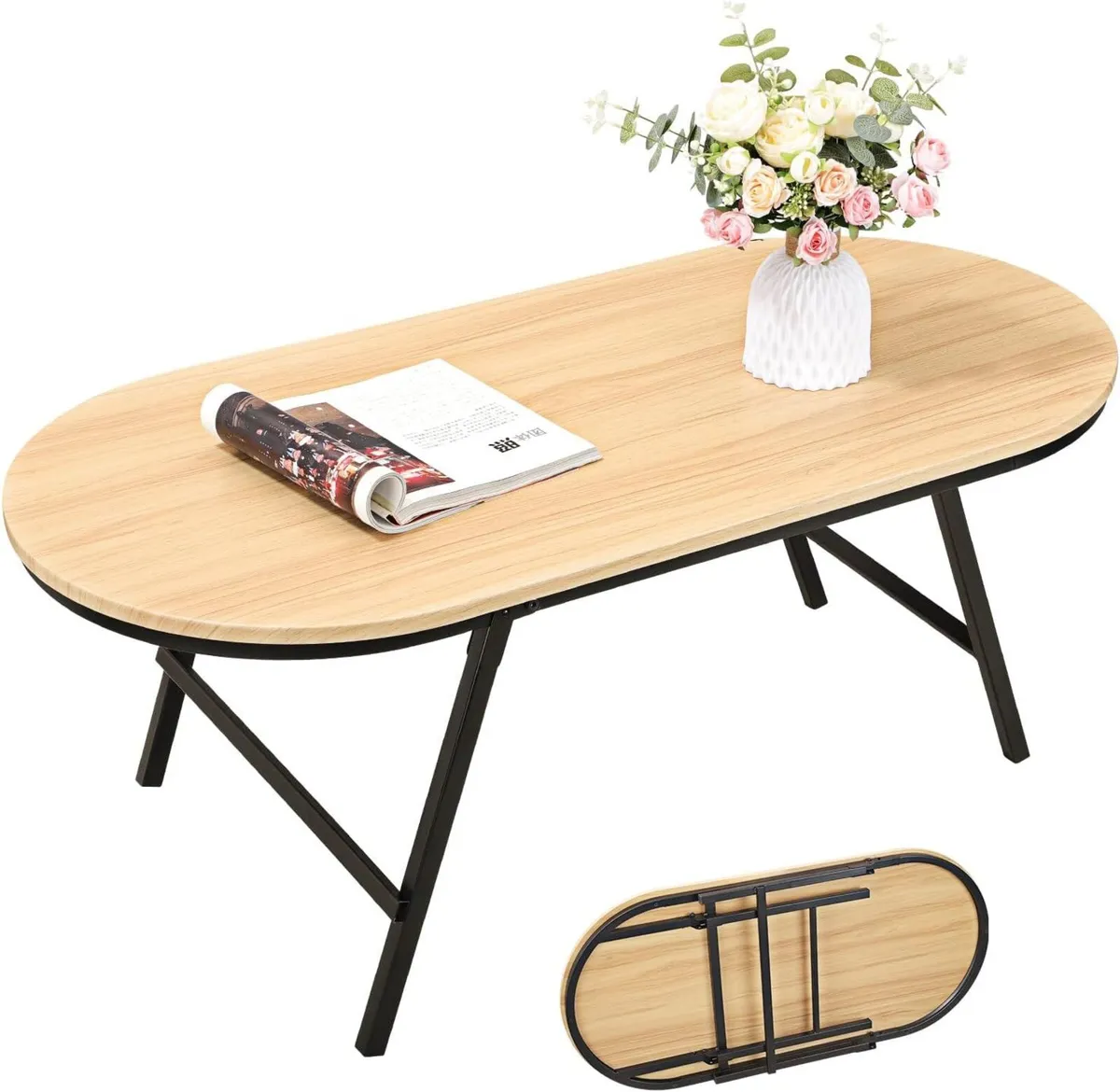 Foldable Coffee Table Natural Wood Oval Tables No - Image 1