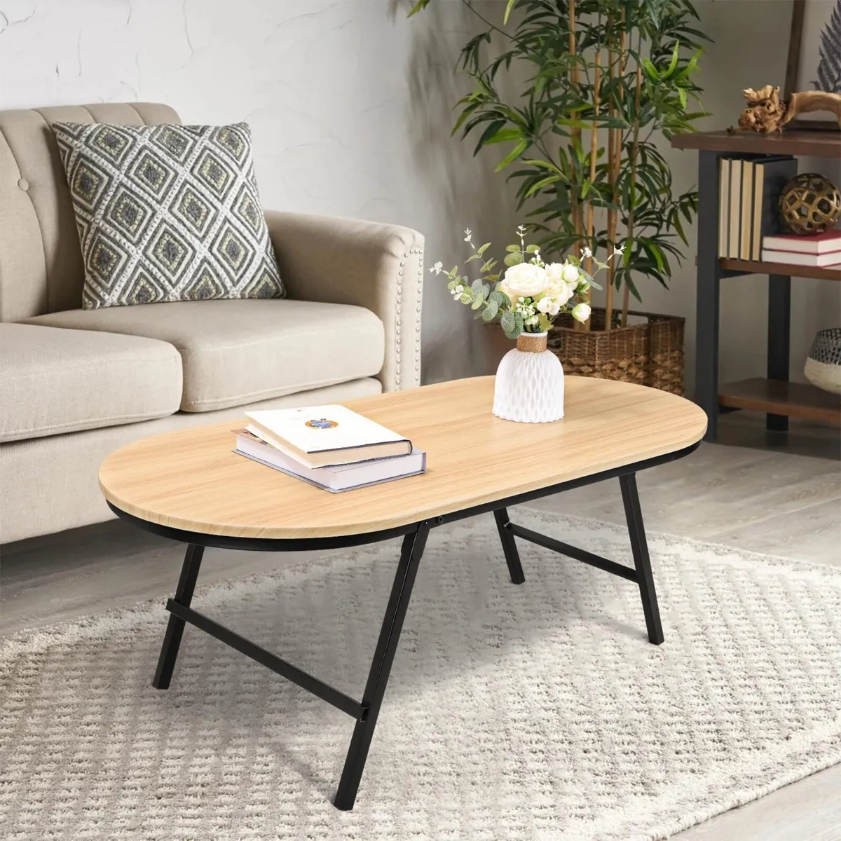 Foldable Coffee Table Natural Wood Oval Tables No - Image 2