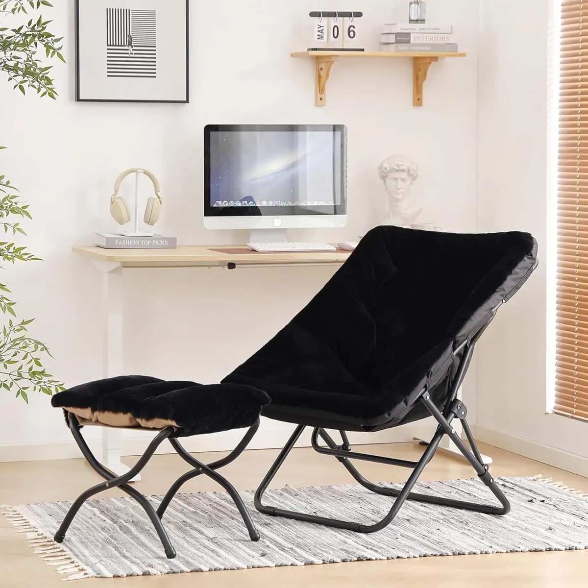 Saucer Chair with Ottoman Comfy Faux Fur Oversized - Image 2