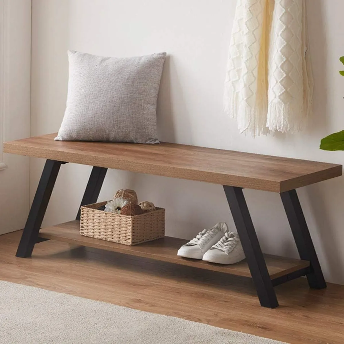 Entryway Bench with Storage Industrial Wood Metal - Image 1