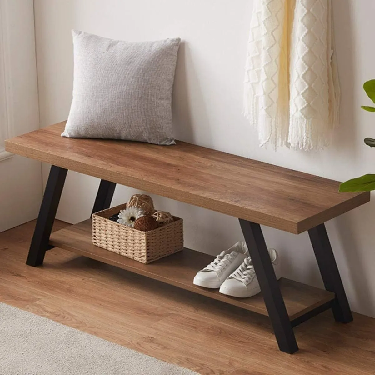 Entryway Bench with Storage Industrial Wood Metal - Image 3