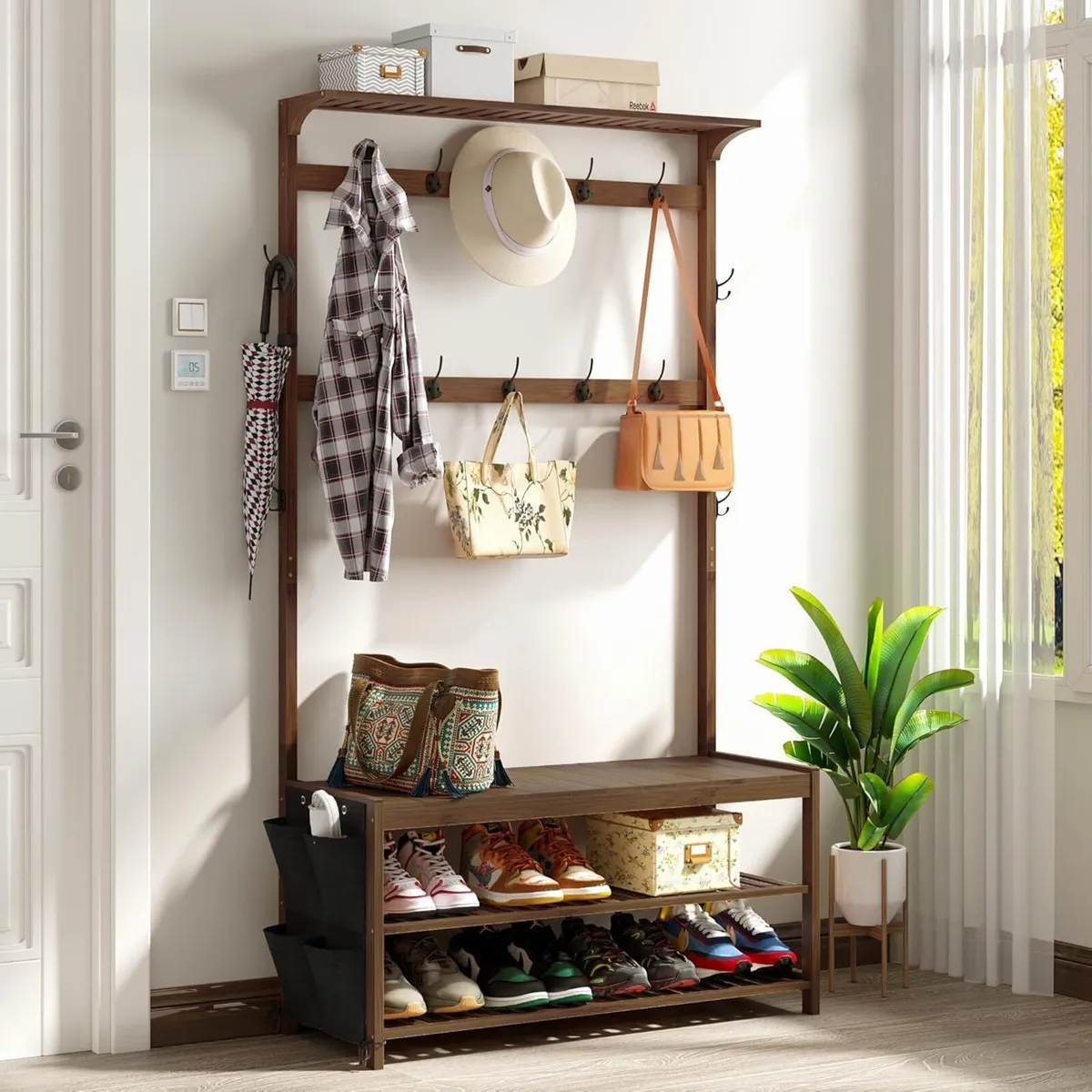 Coat Rack Bamboo Hall Tree Entryway Shoe Bench - Image 1