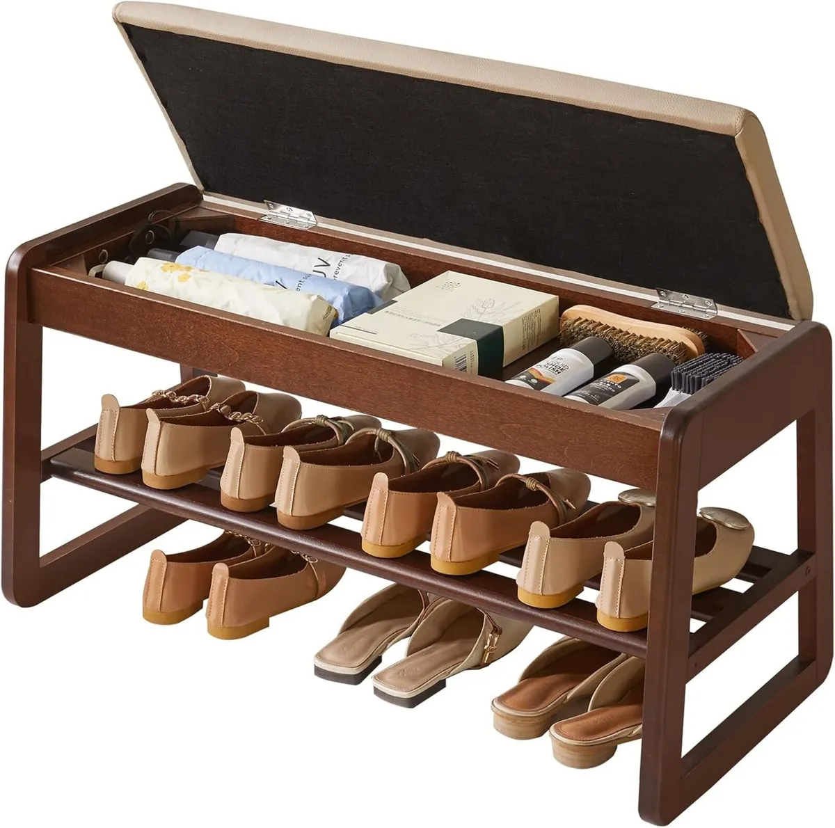 Solid Wood Shoe Storage Bench 2 Tier Rack with - Image 1