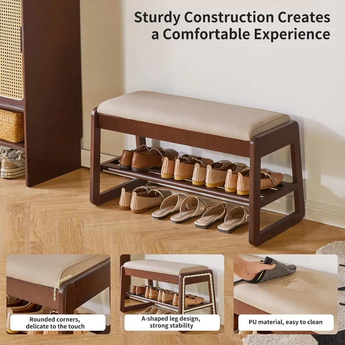 Solid Wood Shoe Storage Bench 2 Tier Rack with - Image 4