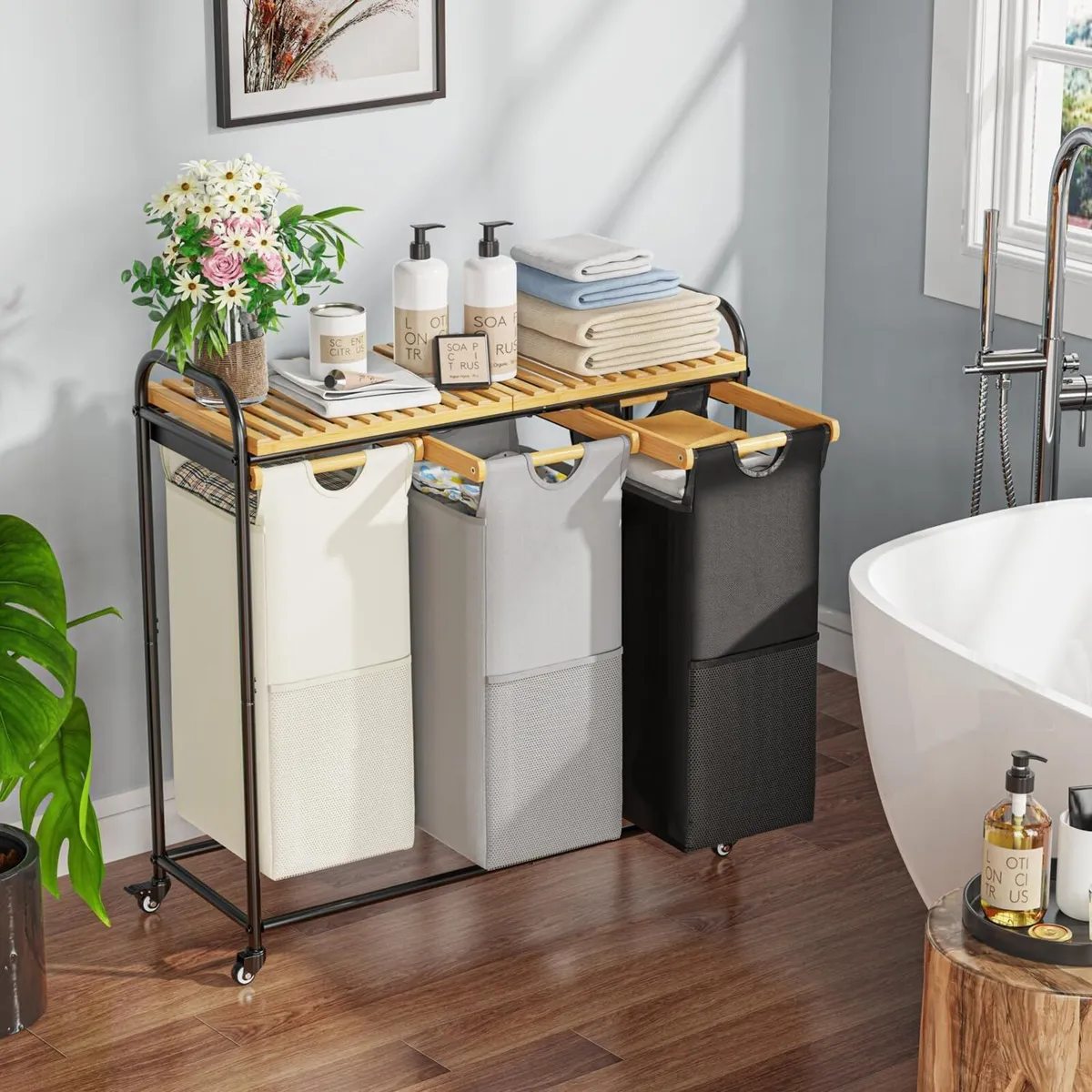 Laundry Hampers 3 Section Sorter with Removable - Image 2