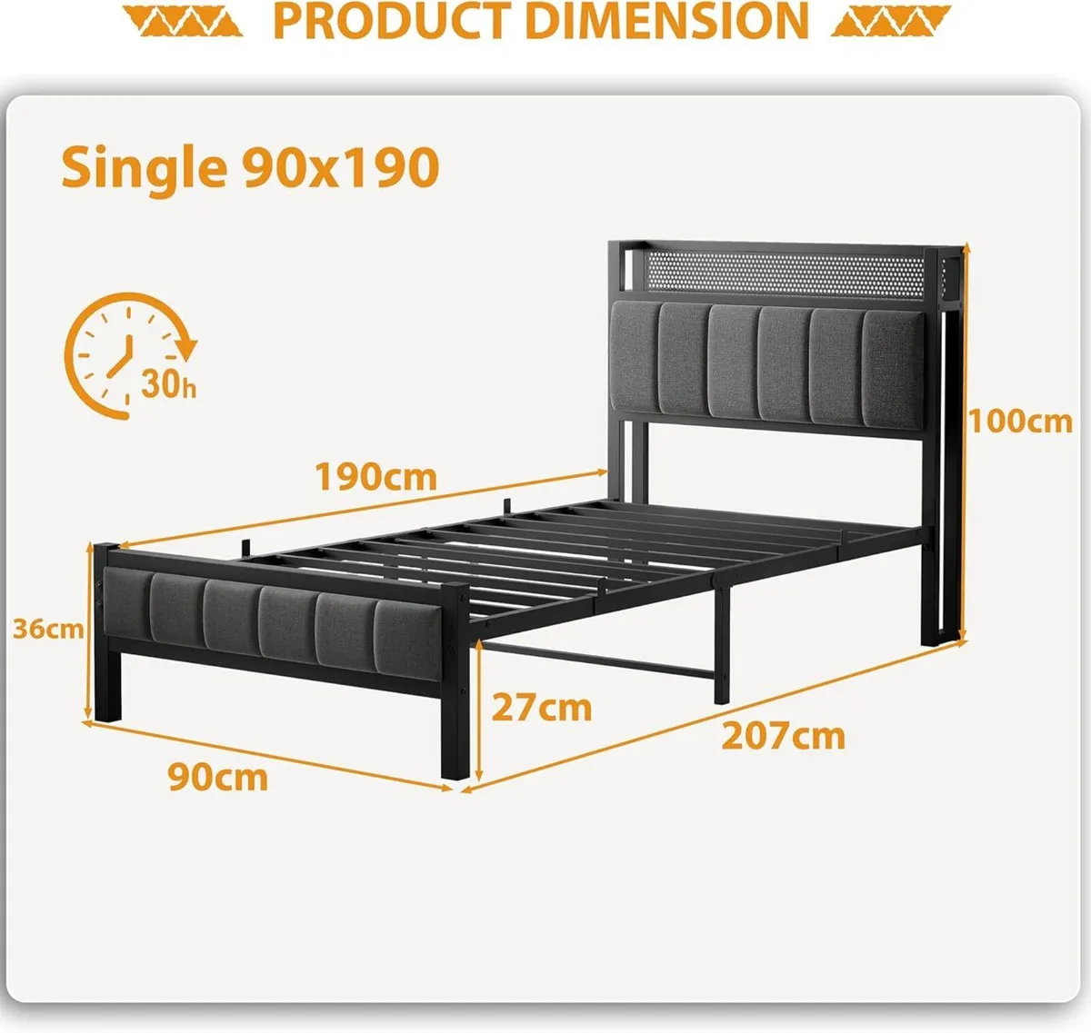 3ft Single Bed Frames with Storage Headboard - Image 2