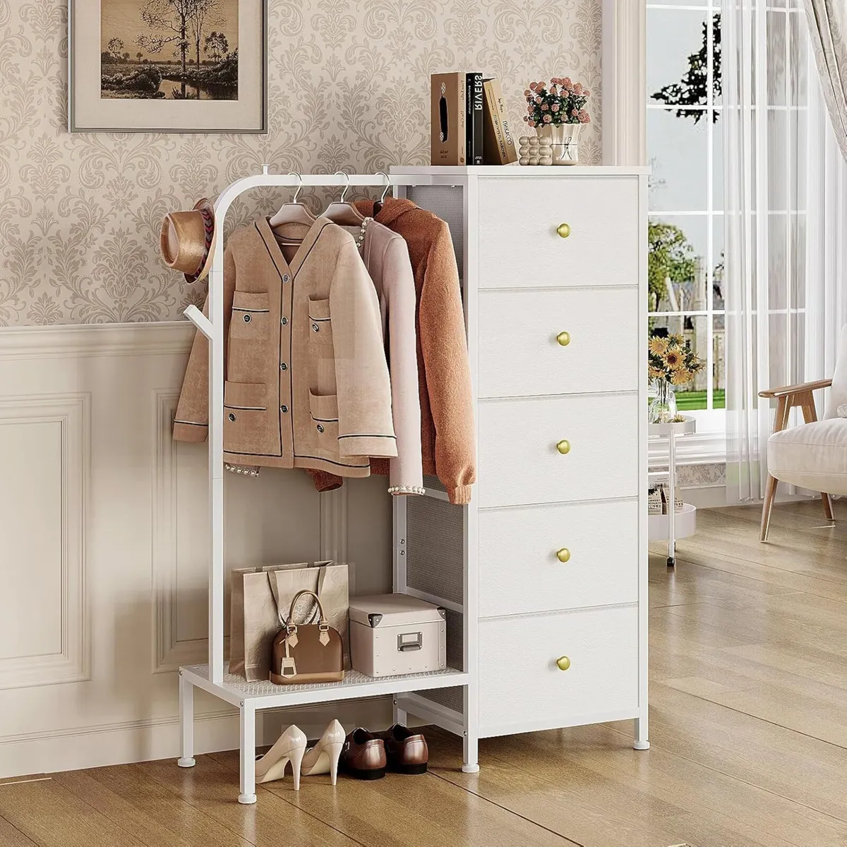 Narrow Fabric Chest of Drawers with 5 and Clothes - Image 1