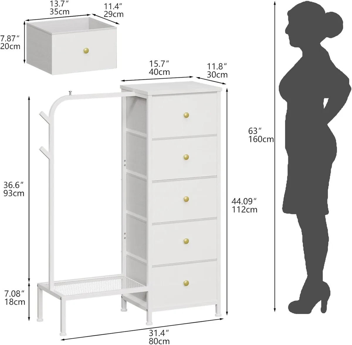 Narrow Fabric Chest of Drawers with 5 and Clothes - Image 2