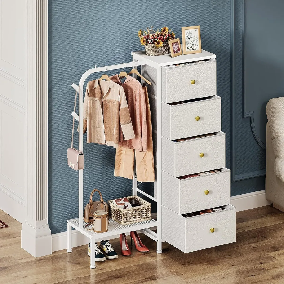 Narrow Fabric Chest of Drawers with 5 and Clothes - Image 3