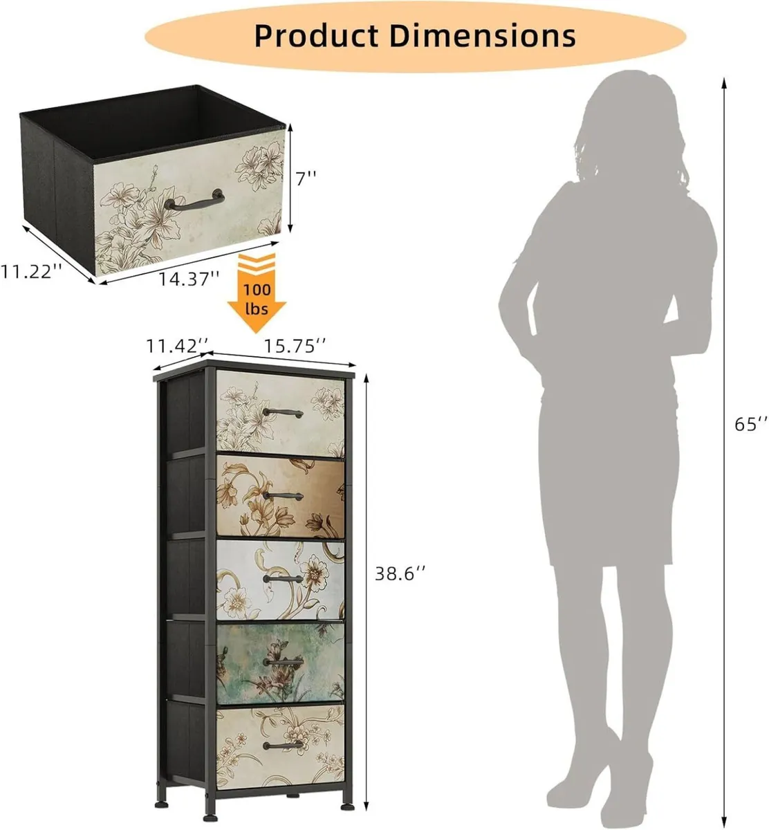 Chest of Drawers for Bedroom Fabric with 5 Metal - Image 3