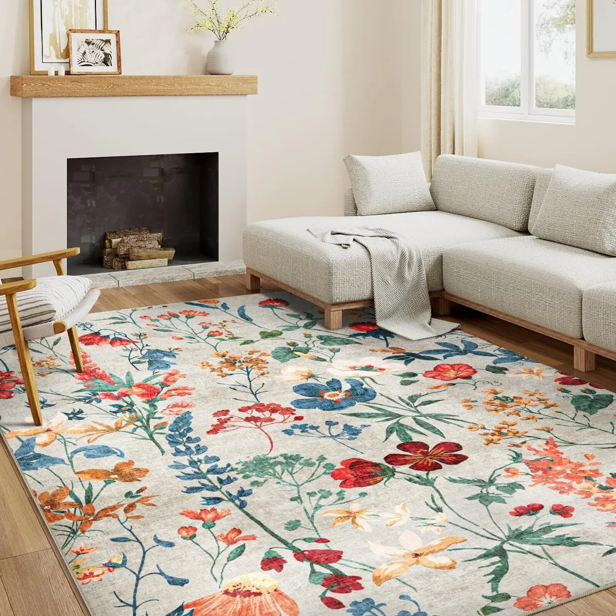 Rugs Living Room Beige Washable Flower Area Rug - Image 1