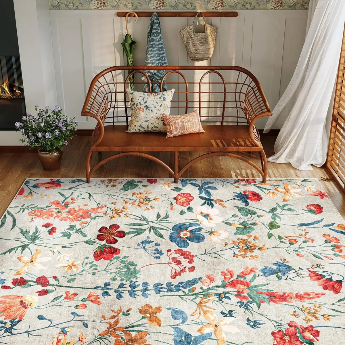 Rugs Living Room Beige Washable Flower Area Rug - Image 4