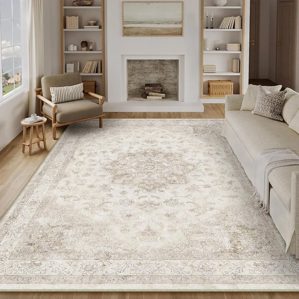 Vintage Washable Beige Rugs Living Room Area Rug - Image 1