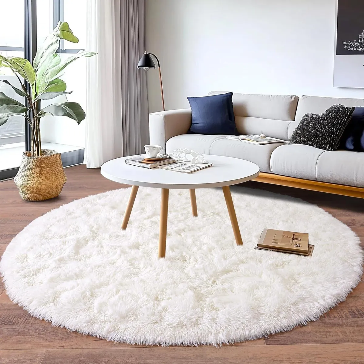 Round Rug 160 cm Diameter Shaggy High Pile Cream - Image 1