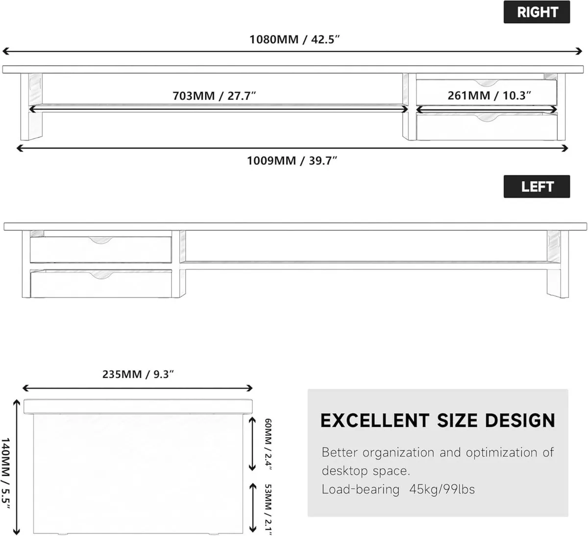 Dual Monitor Stand Riser with 2 Acrylic Storage - Image 3