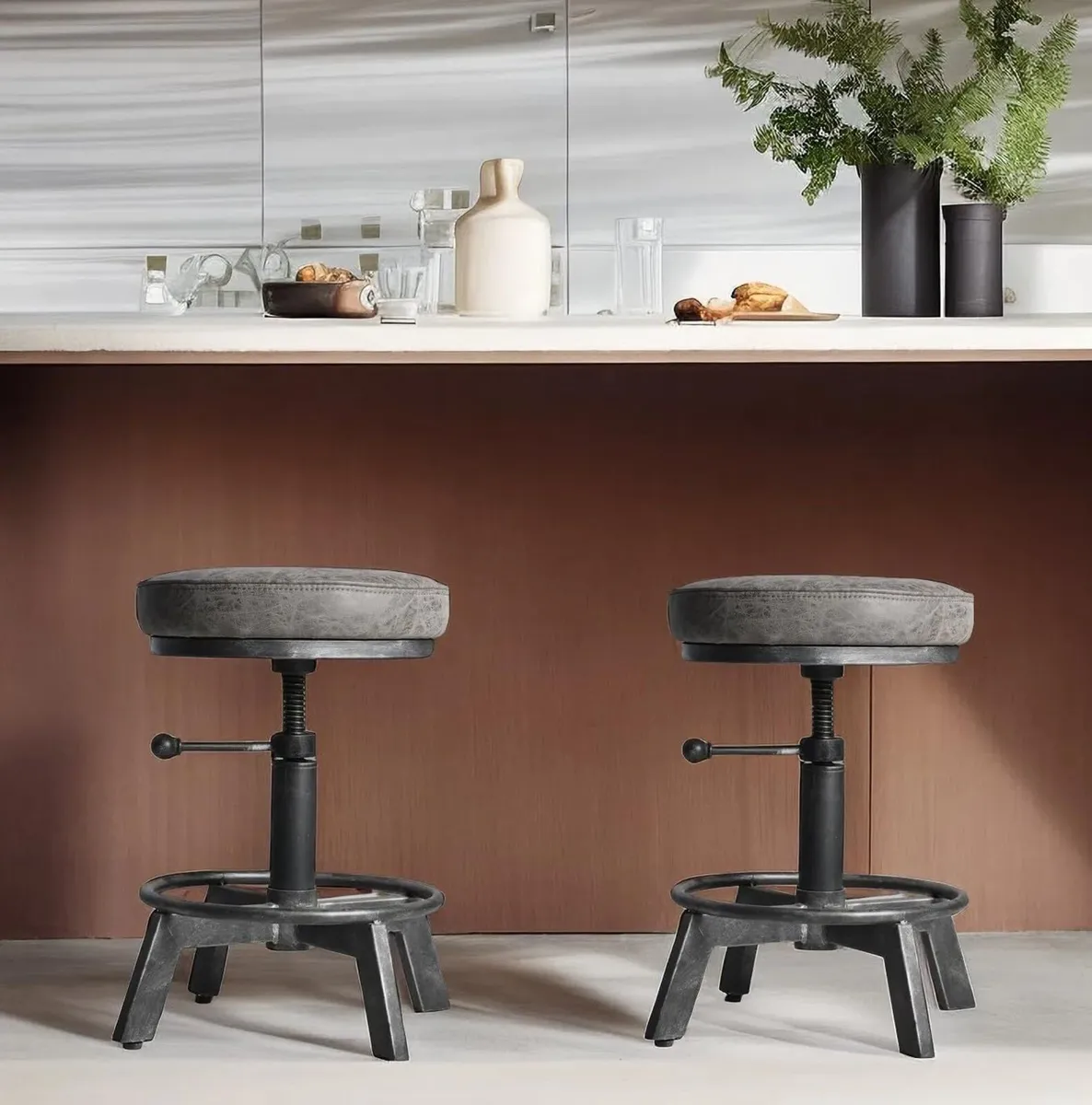 Vintage Short Bar Stools Swivel PU Seat 15-21inch - Image 1