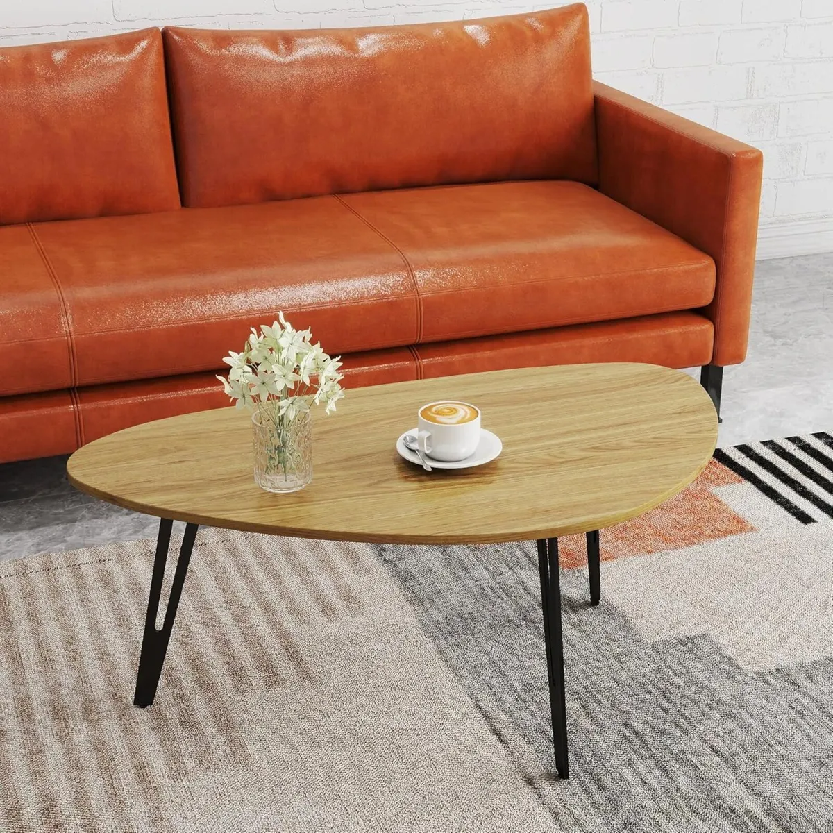 Modern Oval Coffee Table Oak Simple Center - - Image 4