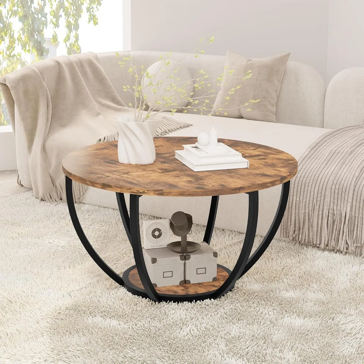 28 Round Coffee Table with Storage 2-Tier Wood - Image 4