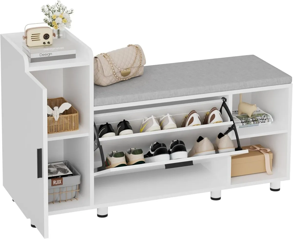 Shoe Storage Bench with Cushion White 105cm - Image 1