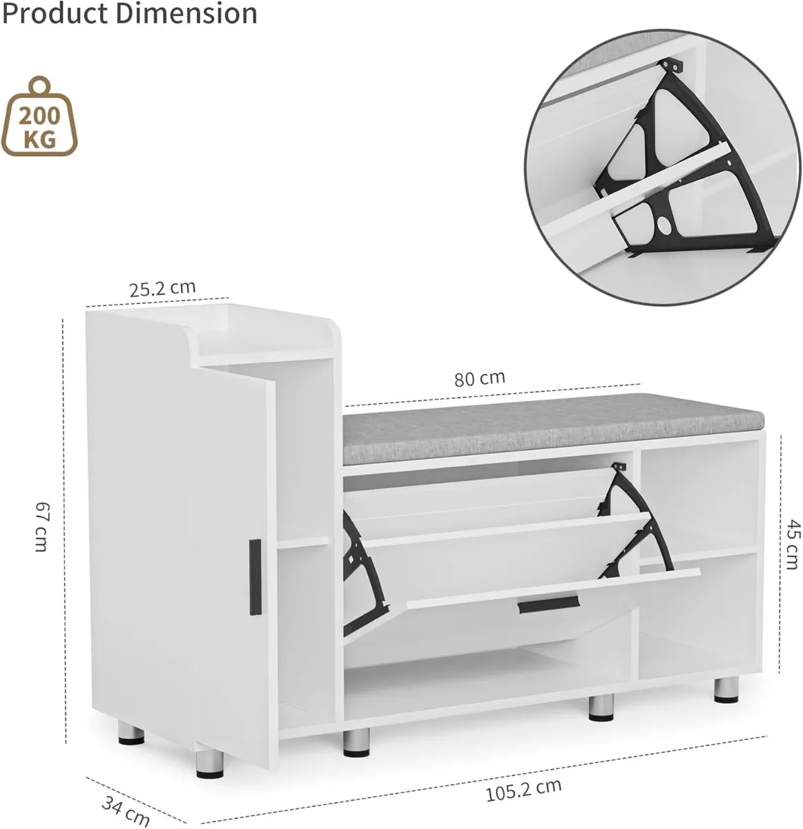 Shoe Storage Bench with Cushion White 105cm - Image 3