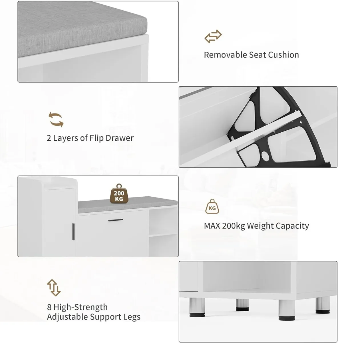 Shoe Storage Bench with Cushion White 105cm - Image 4