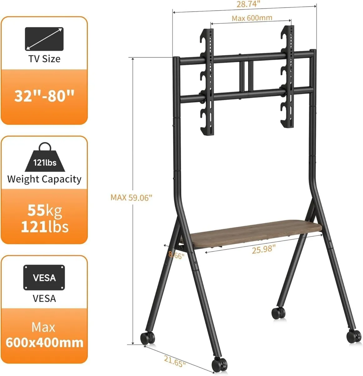 Easel Rolling TV Stand for 32-80 Inch up to 55kg - Image 3