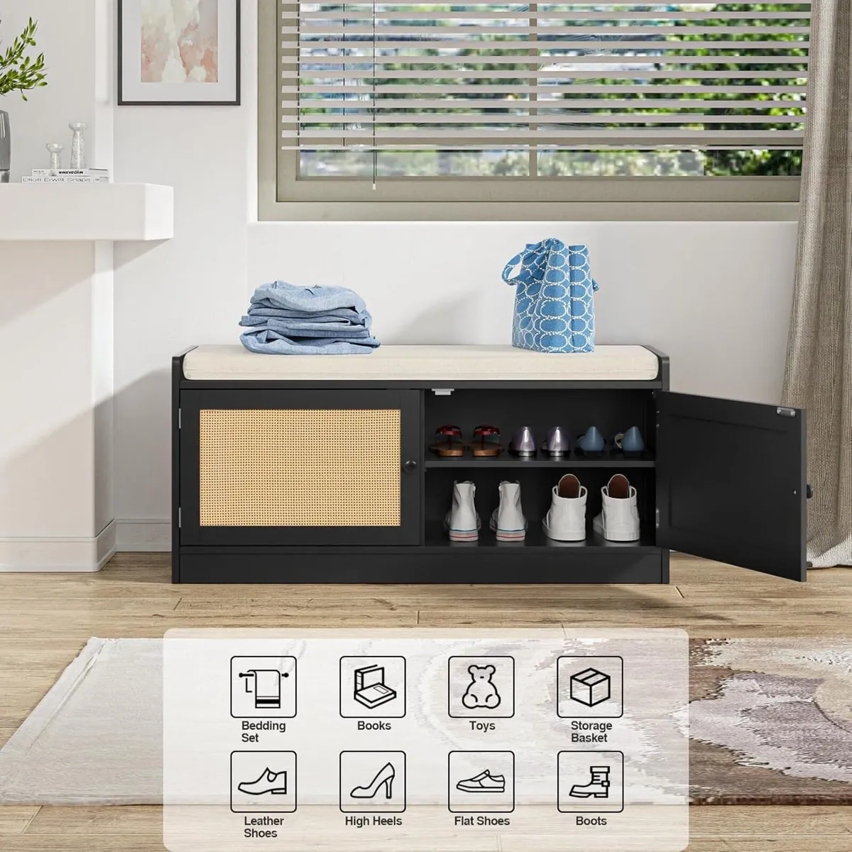 Rattan Shoe Storage Bench with Seat Cushion - Image 3