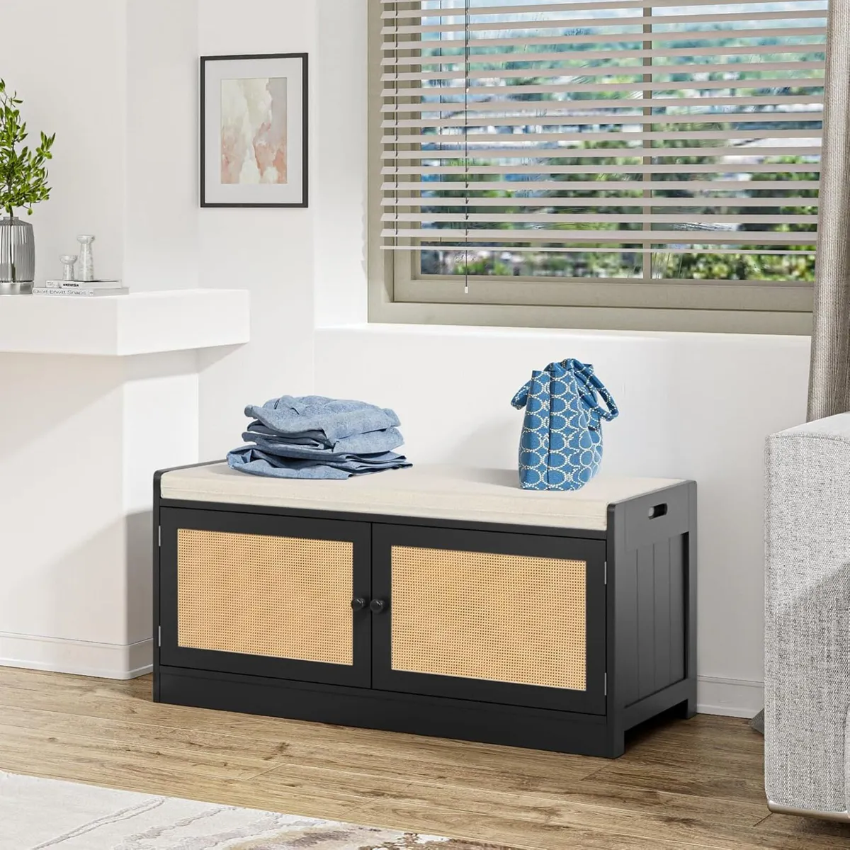 Rattan Shoe Storage Bench with Seat Cushion - Image 4