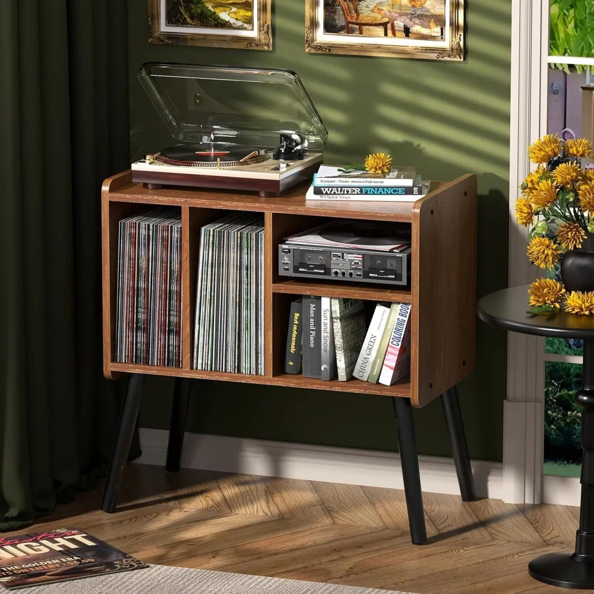 Record Player Table Mid-Century Stand with Vinyl - Image 1