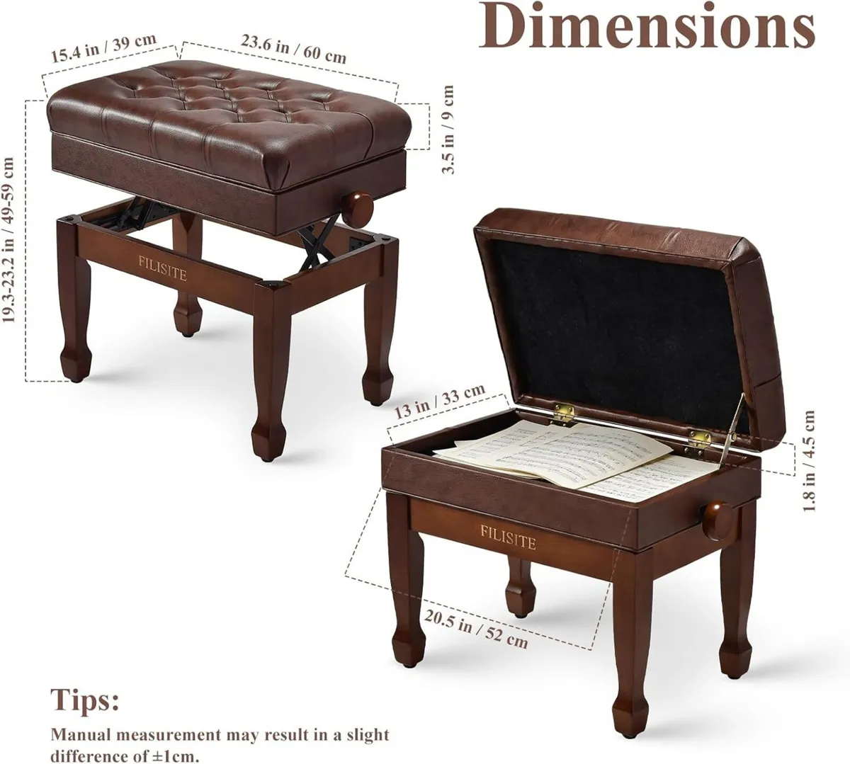 Adjustable Height Piano Bench with Storage Heavy - Image 3