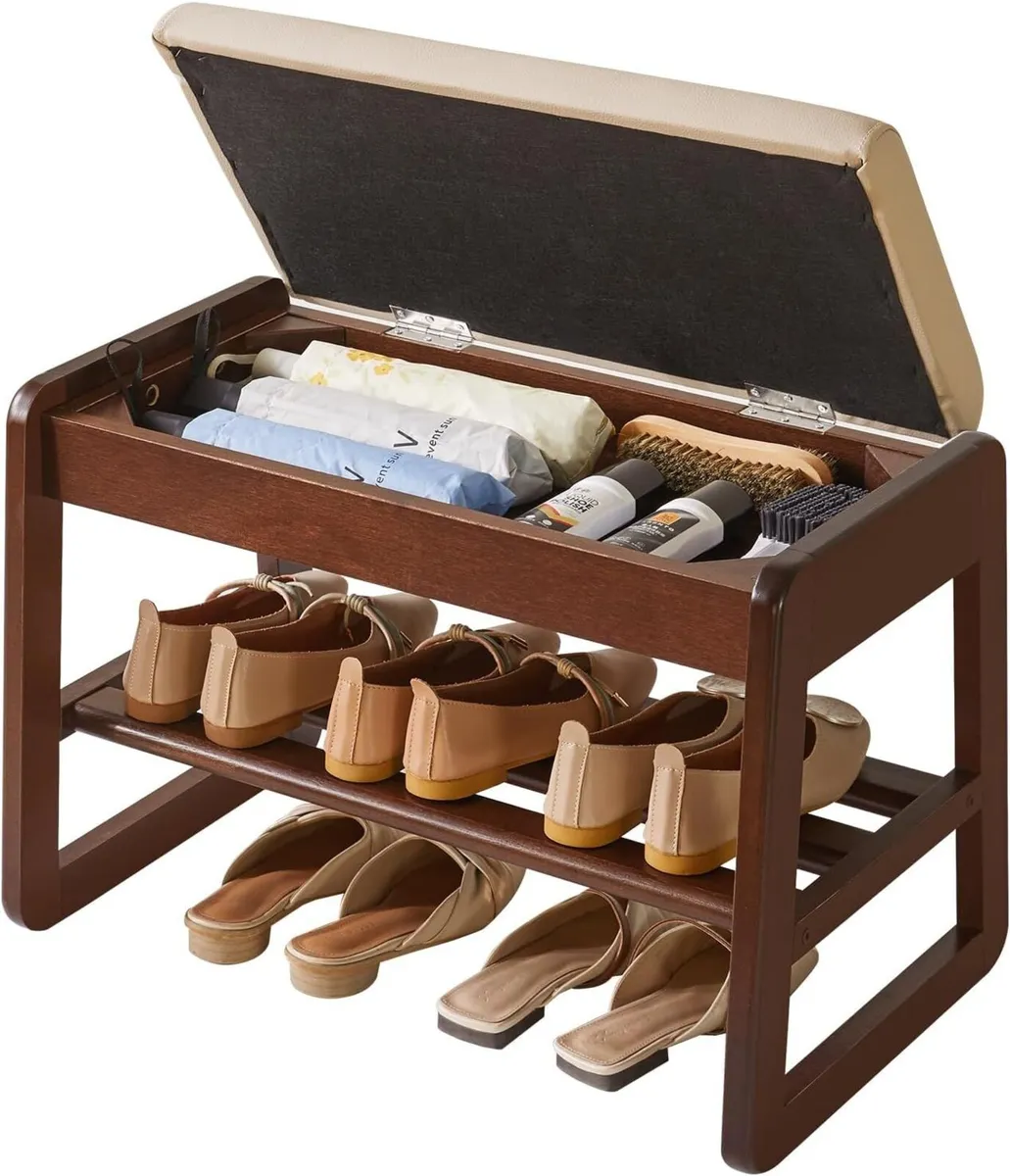 Shoe Storage Bench with Cushion 2 Tiers Solid - Image 1