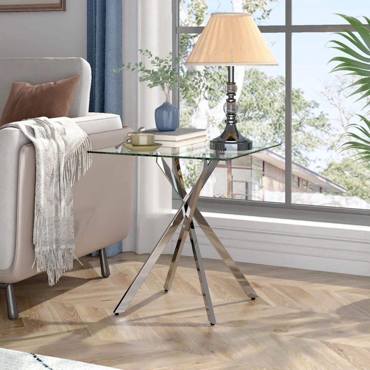 Small Glass Table Sofa Side with Silver Chrome - Image 1