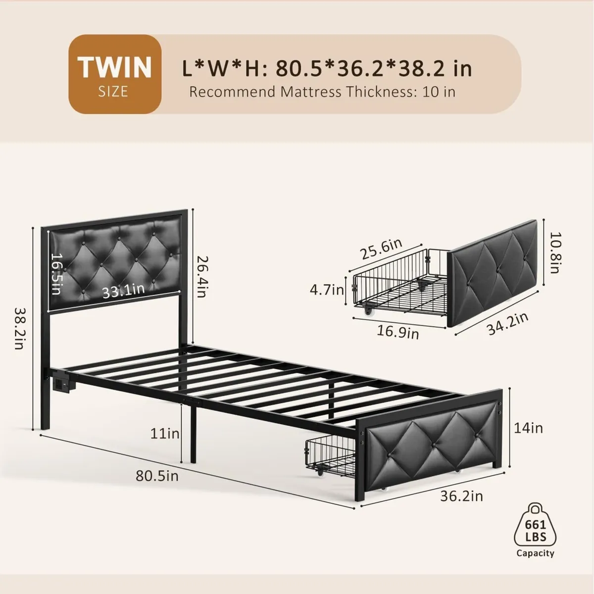 Single Bed Frame 195x 92x 97 cm with Charging - Image 2