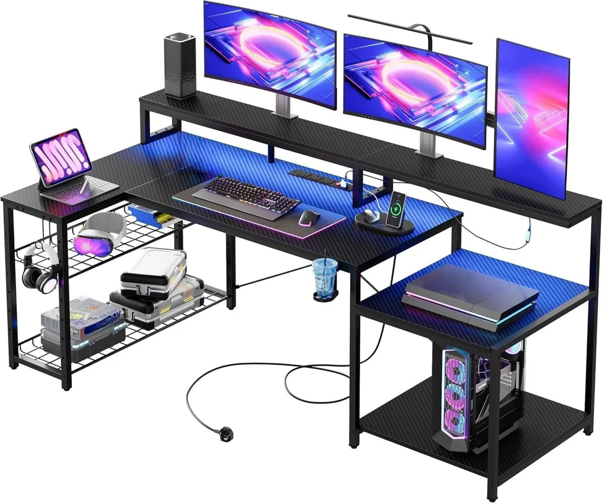 181CM L-Shaped Gaming Desk with RGB LED Lights - Image 1