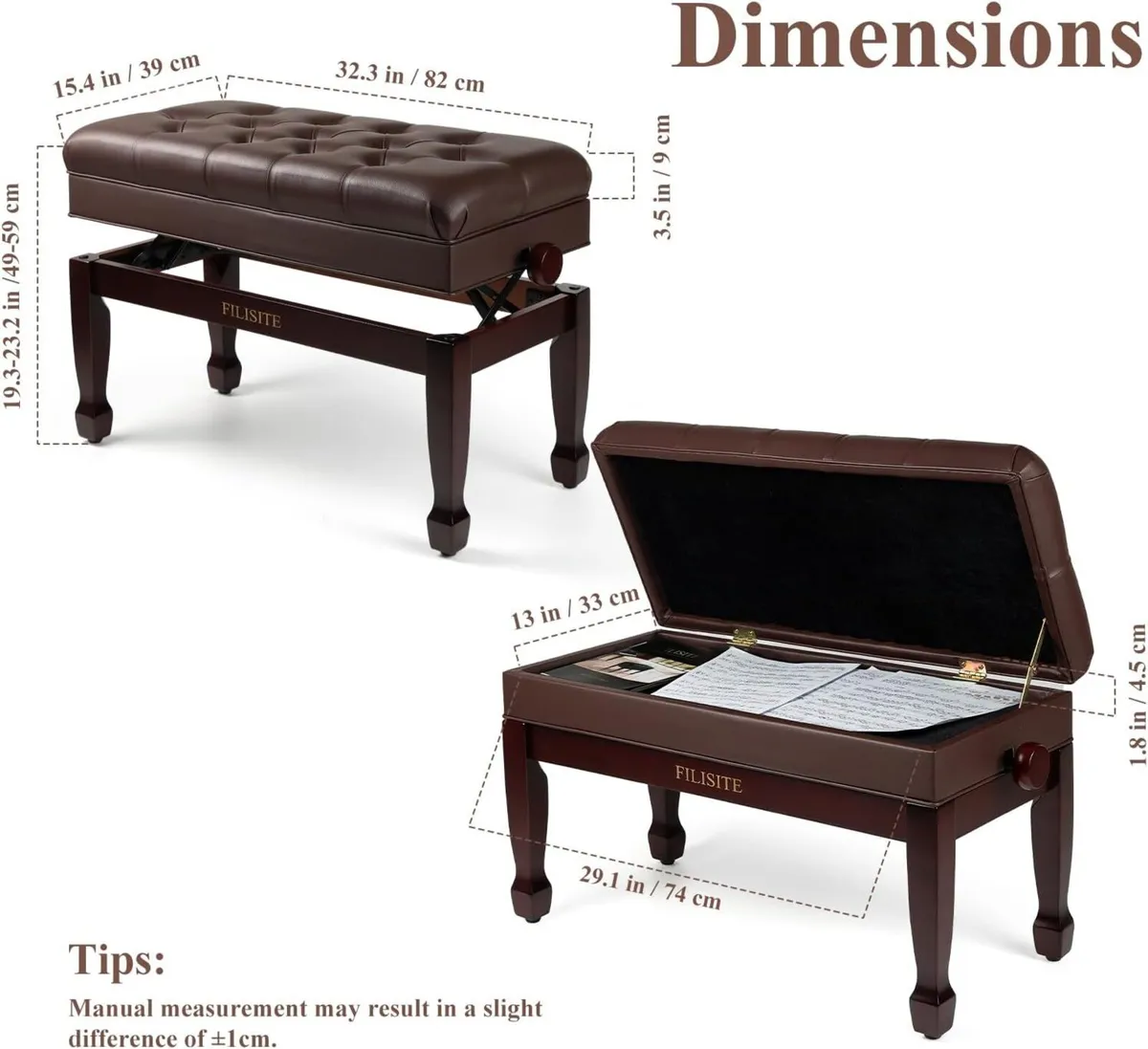 Adjustable Duet Piano Bench with Storage Heavy - Image 3