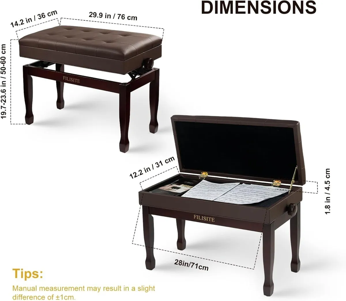 Duet Piano Bench with Storage Wooden Stool - Image 3